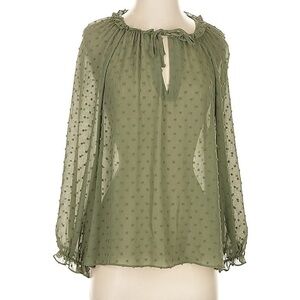 Zara Sheer Keyhole Neck Swiss Dot Blouse in olive green XL